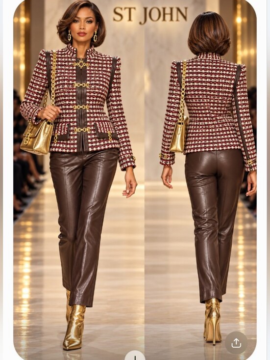 St. John Pants - St John 10/12 Burgundy Cream Brown Boucle Knit Jacket Brown Leather Pants Suit